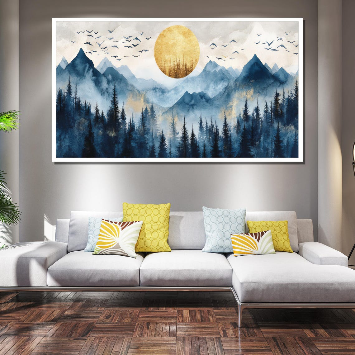 Golden Sun Over Misty Blue Mountain Forest Watercolor Art Poster - Image 2