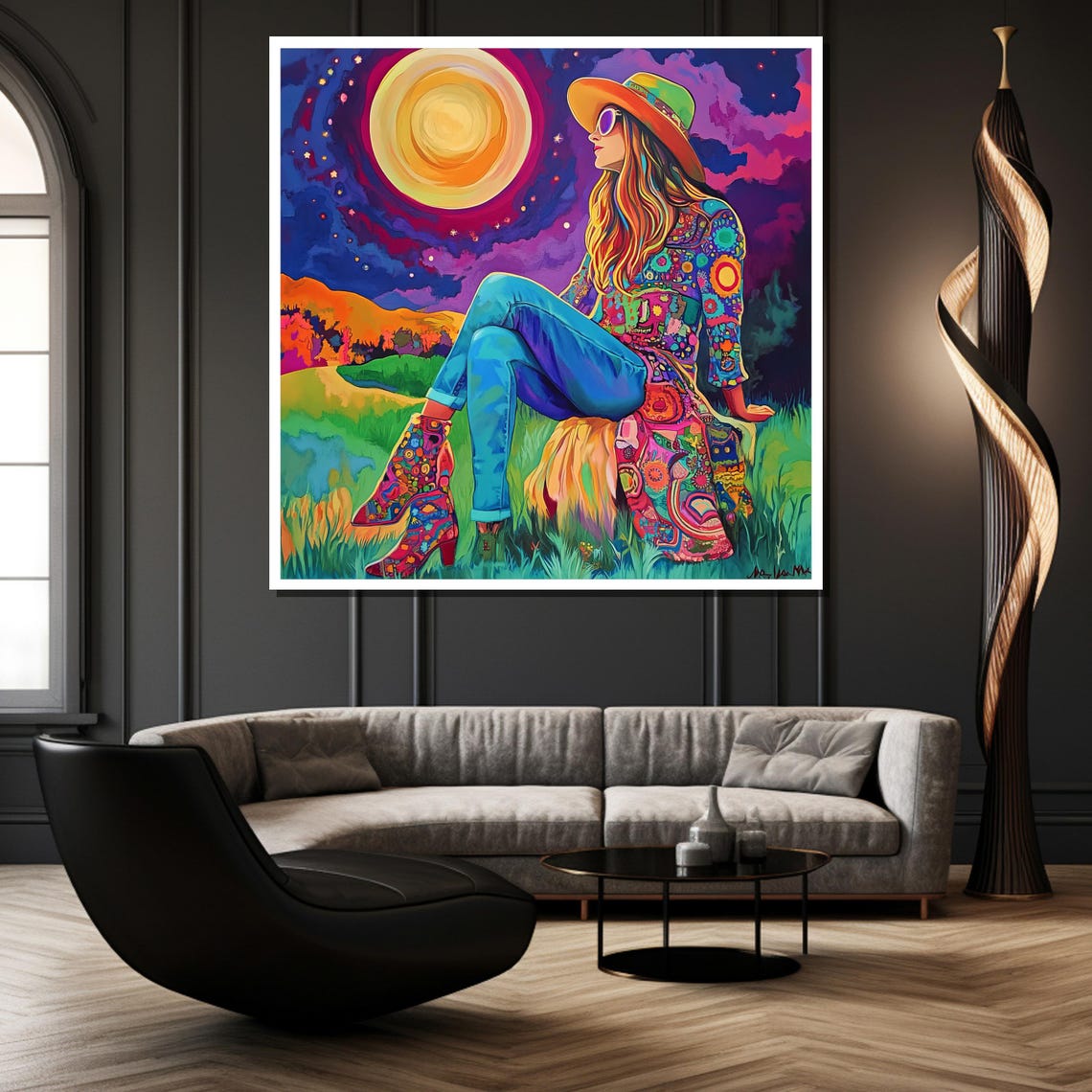Bohemian Woman Gazing at Giant Moon in Psychedelic Sky Art Poster - Image 2
