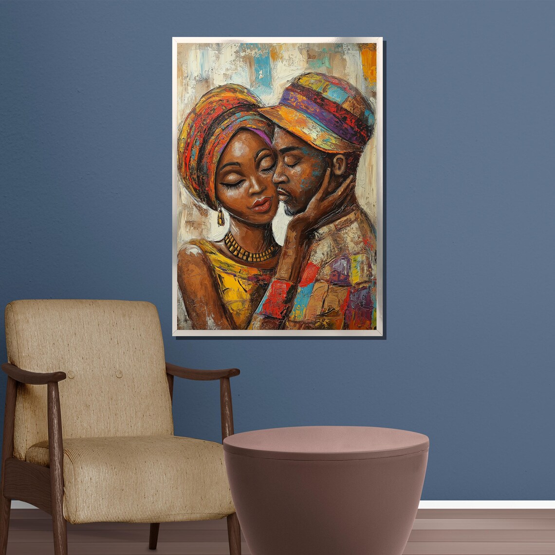 Loving African Couple in Tender Embrace Warm Textured Oil Art Poster - Image 3
