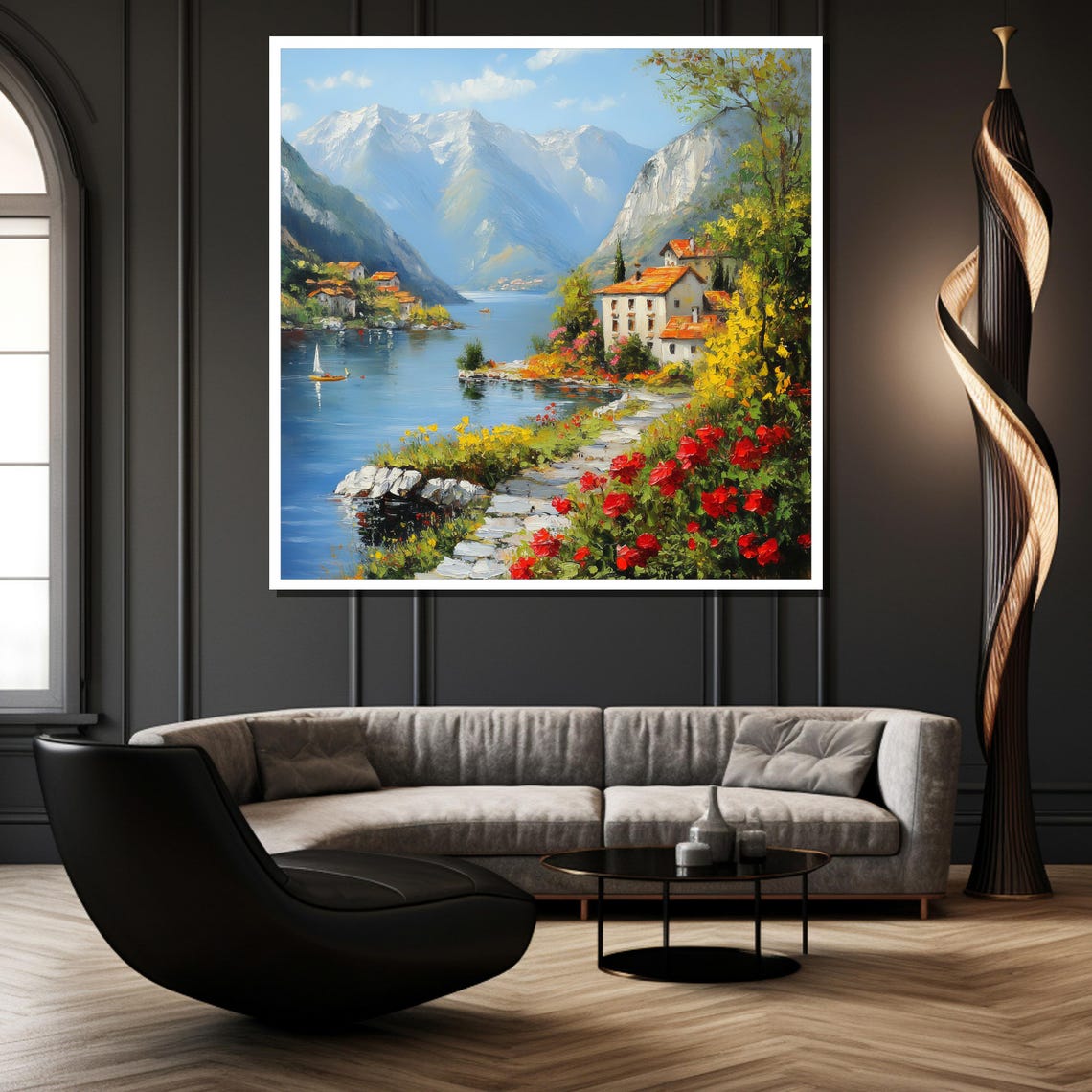 Charming Mountain Lakeside Village With Red Roofs Art Poster - Image 2