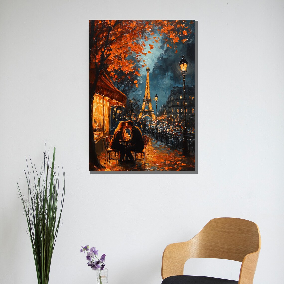 Paris Eiffel Tower Autumn Cafe Evening Glowing Street Art Poster - Image 2