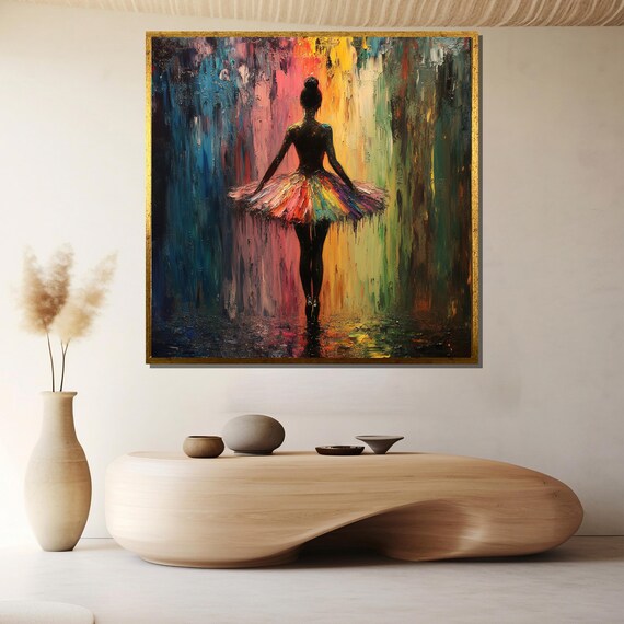 Ballerina in Rainbow Tutu Against Colorful Paint Drip Backdrop Poster