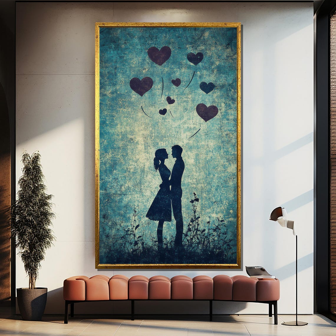 Couple Silhouette With Floating Hearts on Teal Blue Backdrop Poster