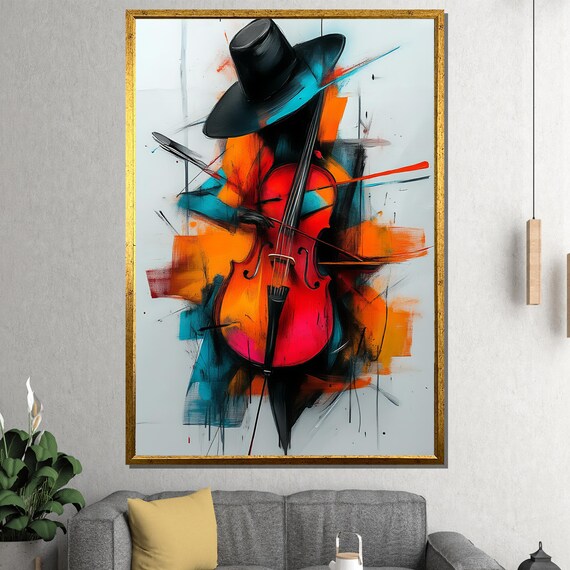 Bold Red Violin Painting With Abstract Orange and Teal Poster