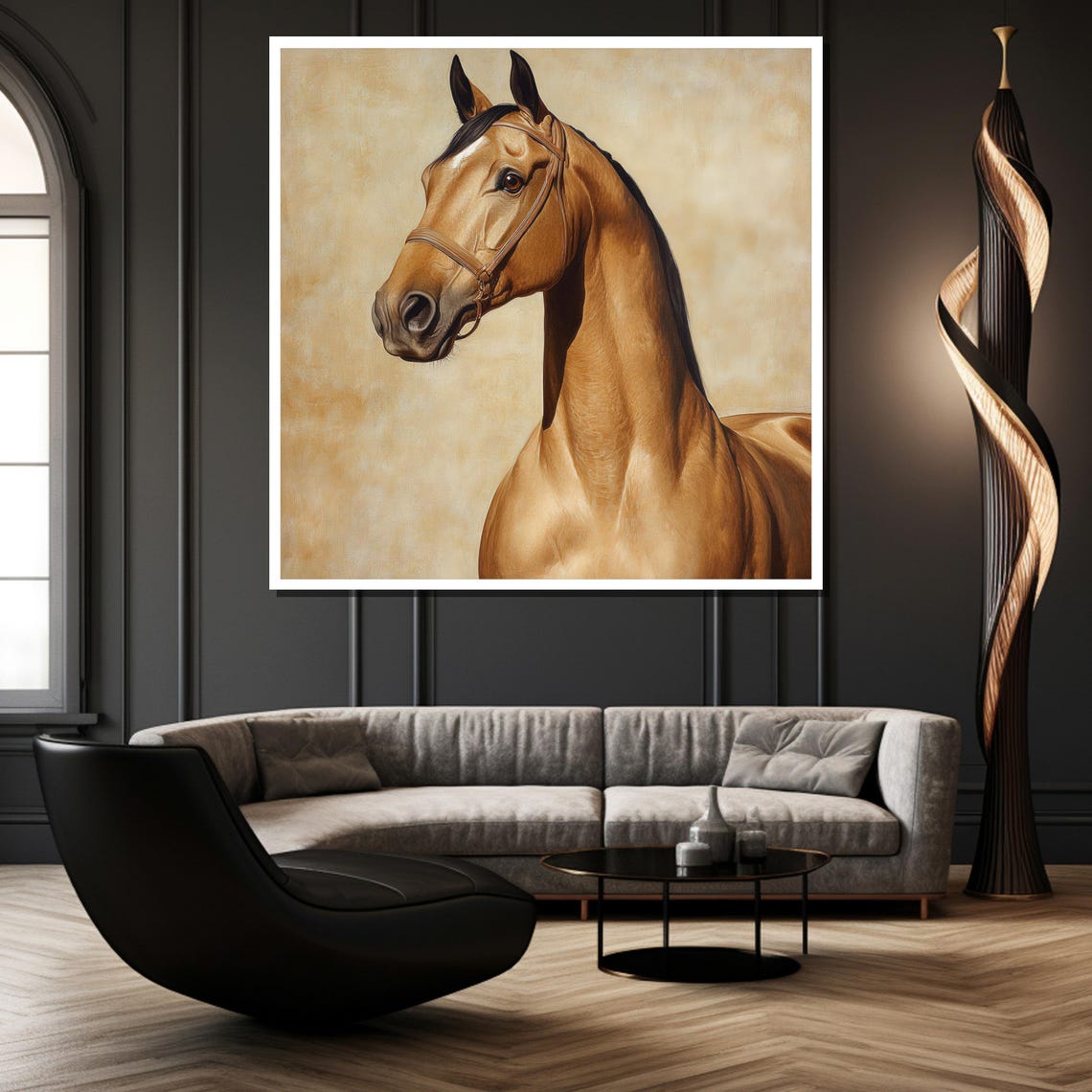 Golden Horse Head Portrait on a Warm Beige Background Poster - Image 2