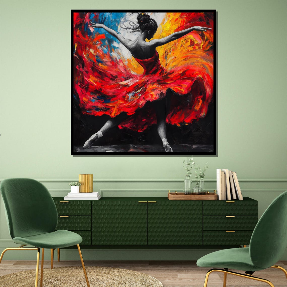 Fiery Dancer in Swirling Red Gown Bold Expressionist Brushwork Poster - Image 4