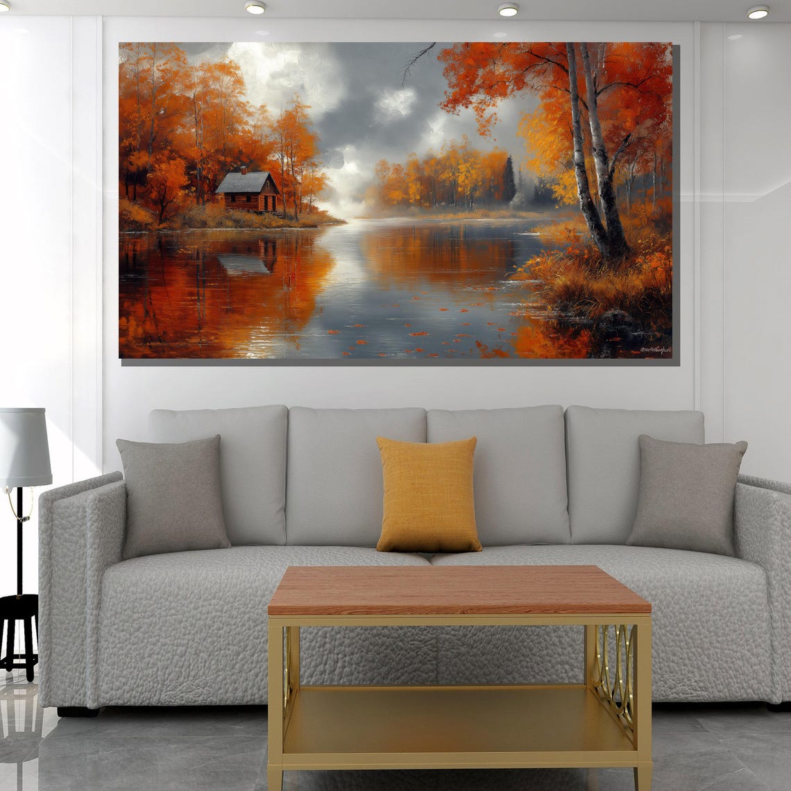 Autumn Lake Birch Trees and Cabin Fall Reflection Scenic Poster - Image 2
