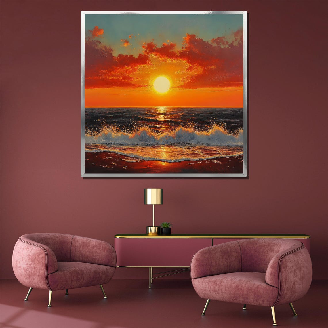 Fiery Orange Sunset Ocean Waves Dramatic Sky Scene Seascape Poster - Image 3