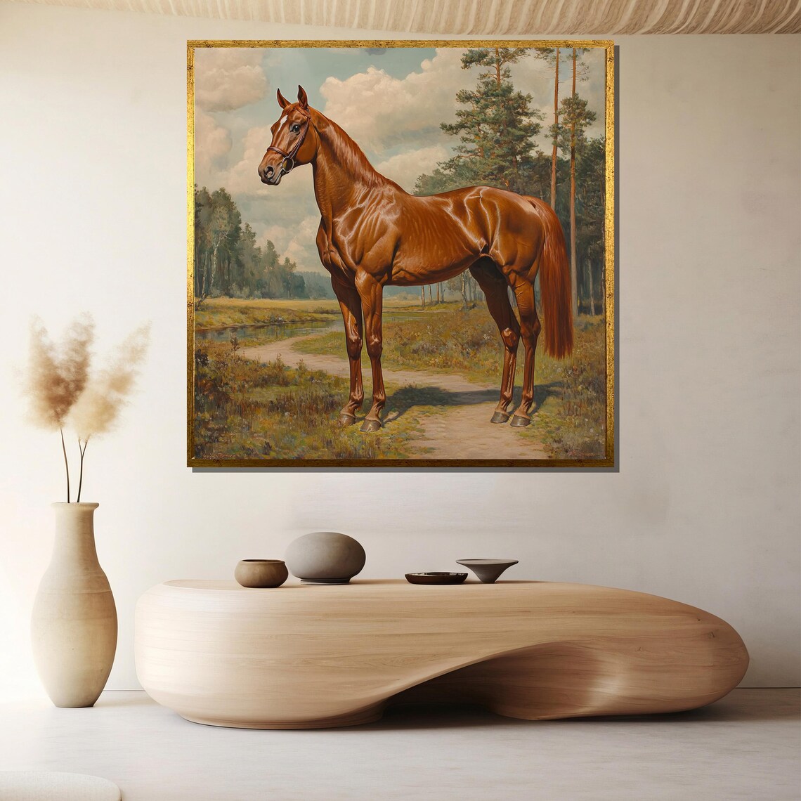 Chestnut Horse Standing in a Sunlit Meadow Classic Equestrian Poster