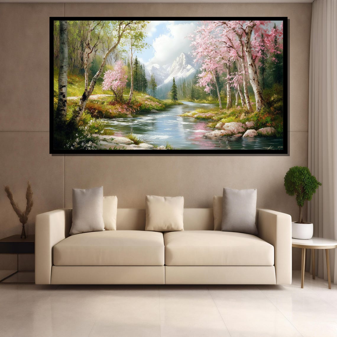 Spring Mountain Stream With Blossoming Trees Painting Stunning Wall Art Gift For White Room And Nature Home Decor - Image 4