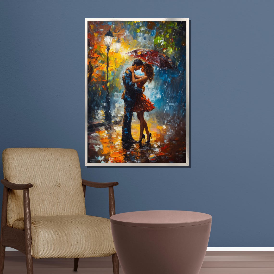 Romantic Couple Under Umbrella Rainy Street Painting Art Poster - Image 4