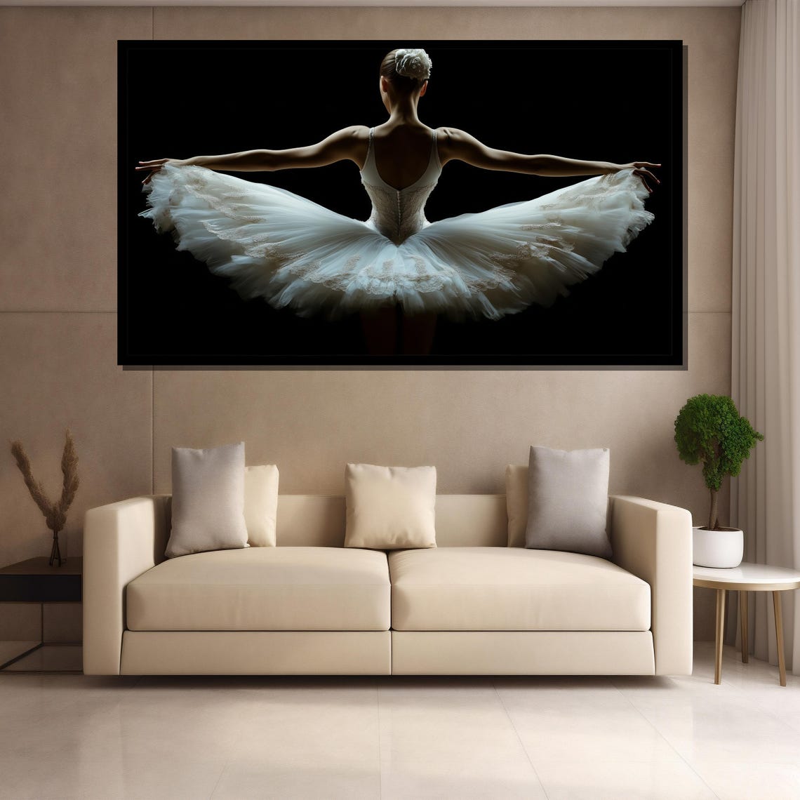 Ballerina in White Tutu Seen From Behind on Dramatic Black Art Poster - Image 4