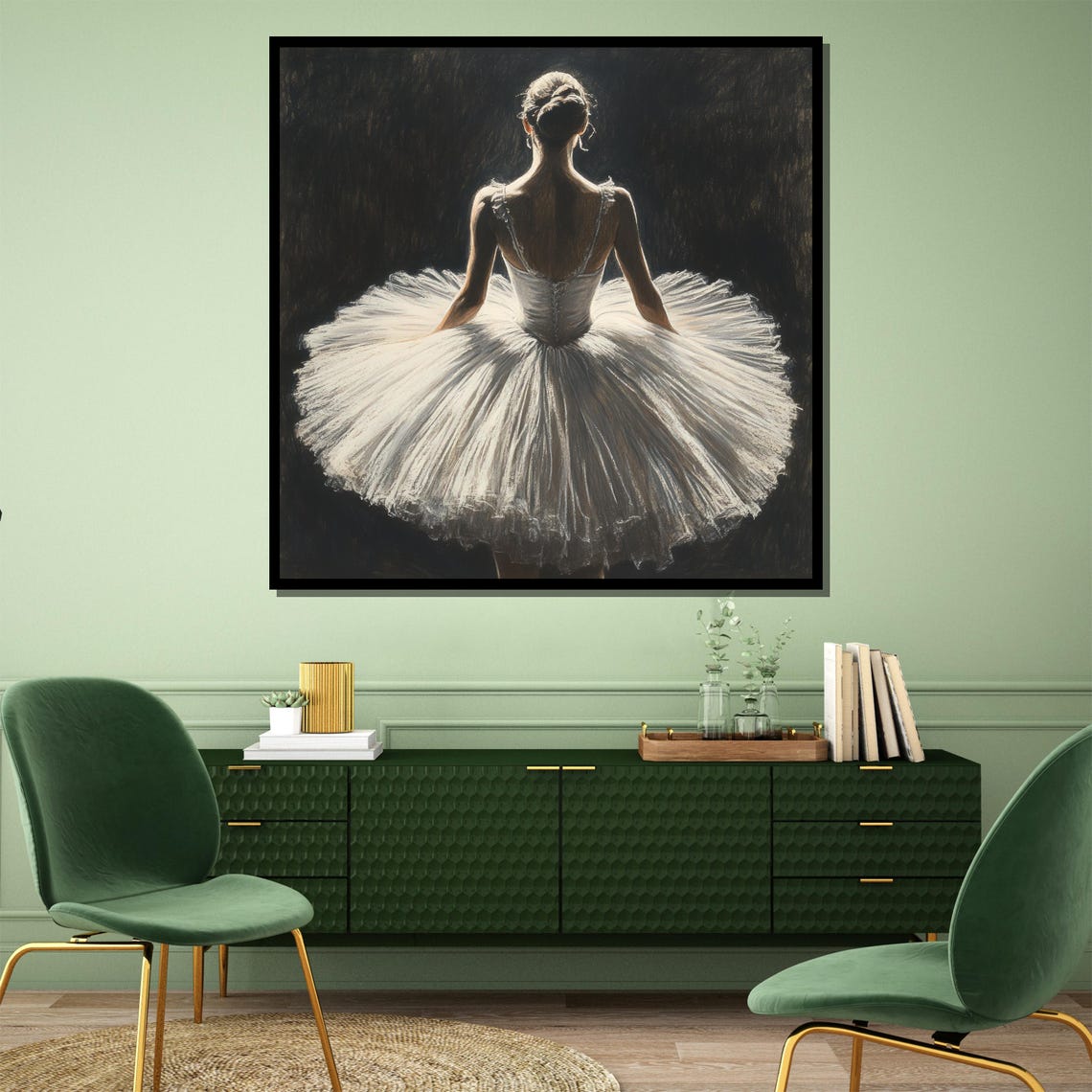 Seated Ballerina in Glowing White Tutu on Dark Stage Painterly Poster - Image 4