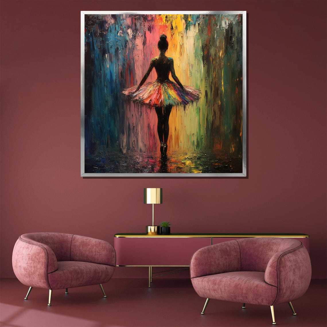 Ballerina in Rainbow Tutu Against Colorful Paint Drip Backdrop Poster - Image 3