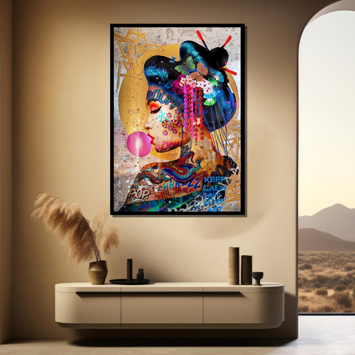 Geisha Pop Art Portrait with Pink Bubble Graffiti Art Poster - Image 5