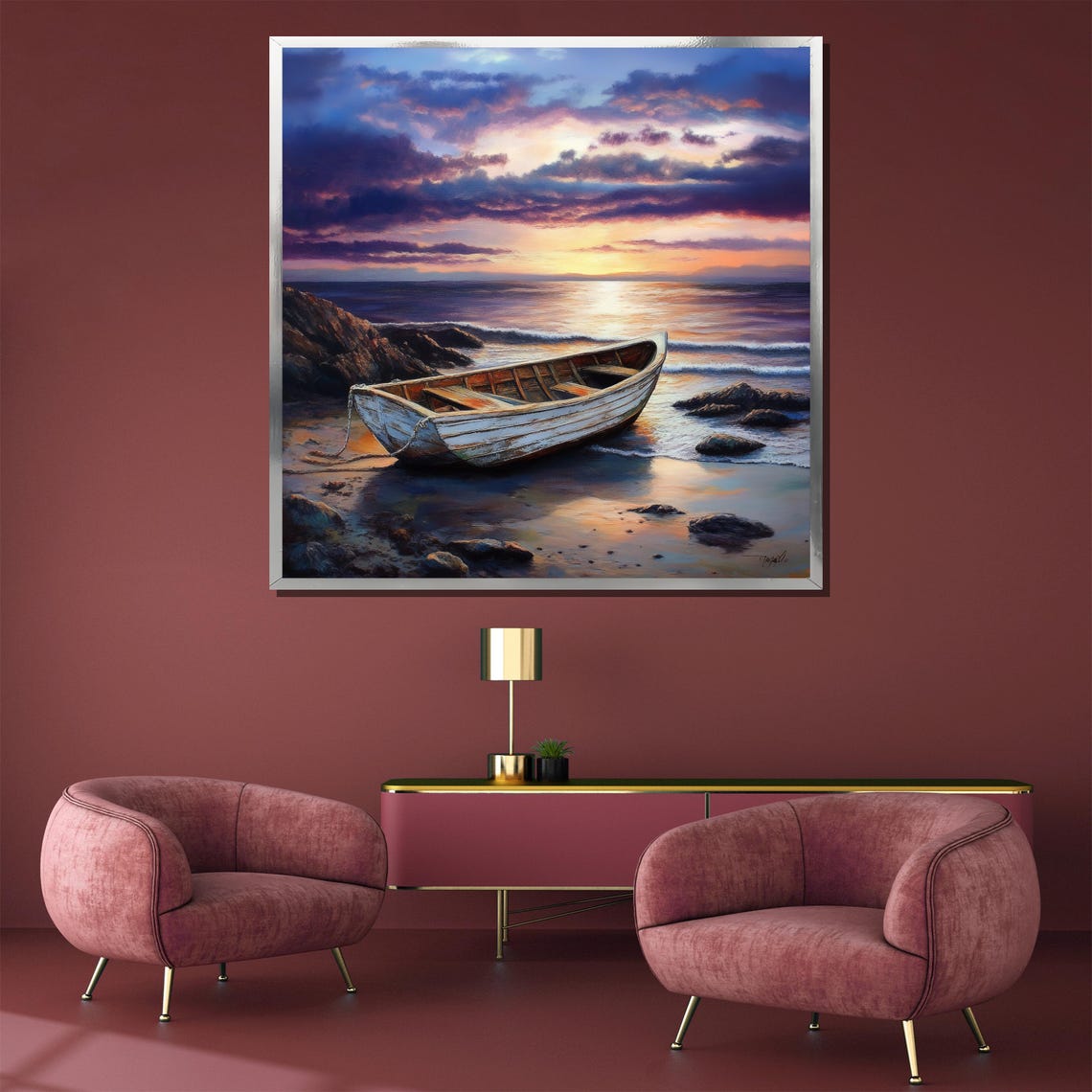 Weathered Rowboat On Rocky Shore Purple Sunset Coastal Poster - Image 3
