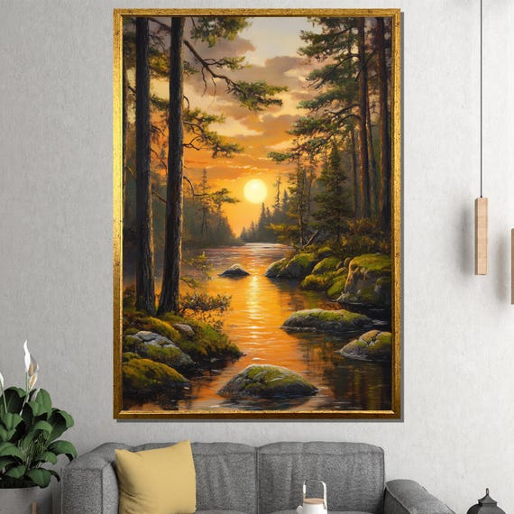 Golden Sunset Landscape Painting Nature Wall Art For Living Room Forest River Artwork Rustic Home Decor Gift
