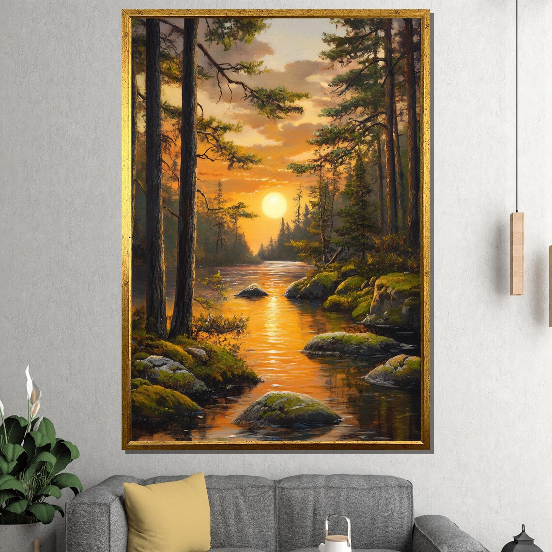 Stunning Golden Sunset Forest River Mossy Rocks Scene Poster