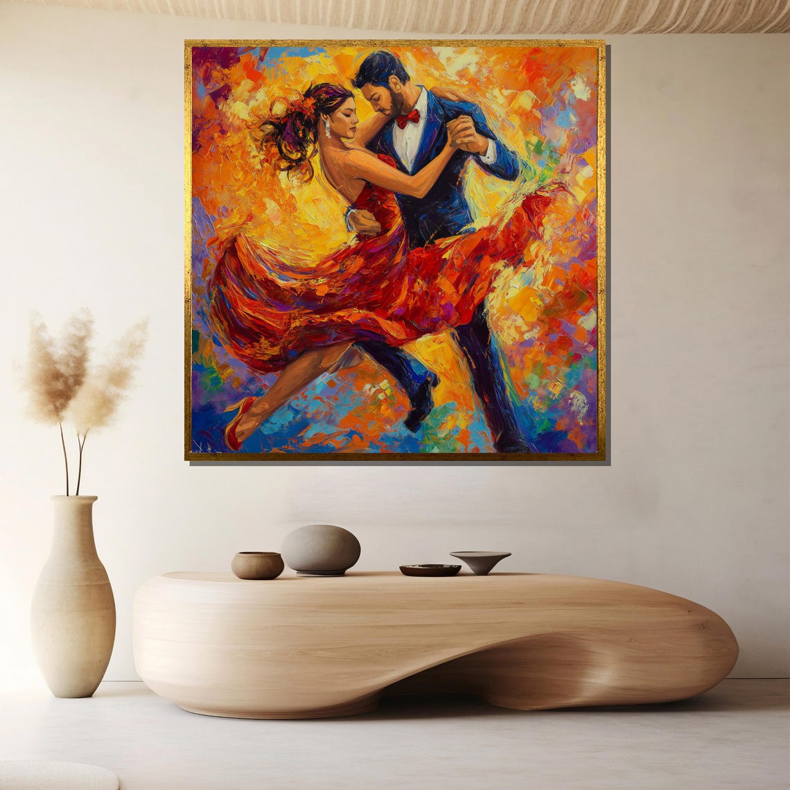 Vibrant Dancing Couple in Red Dress Impasto Style Romantic Art Poster