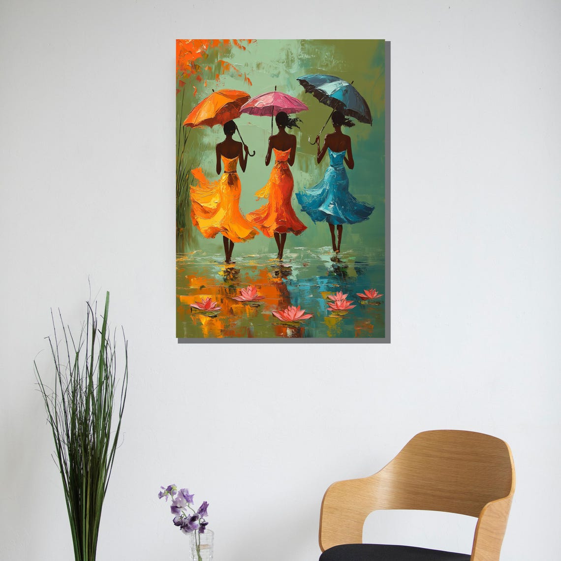 Three Women Colorful Umbrellas Rain Lotus Reflections Art Print - Image 2