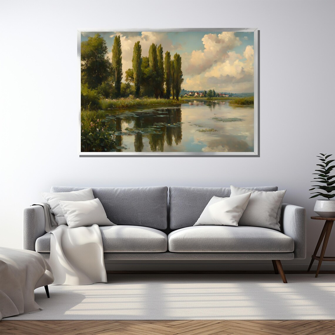 Serene Countryside Lake Tall Poplars Impressionist Art Poster - Image 3