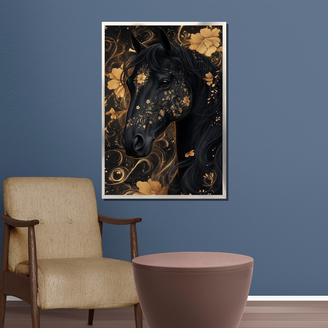 Black Horse Head Adorned With Gold Floral Ornaments Dark Poster - Image 3