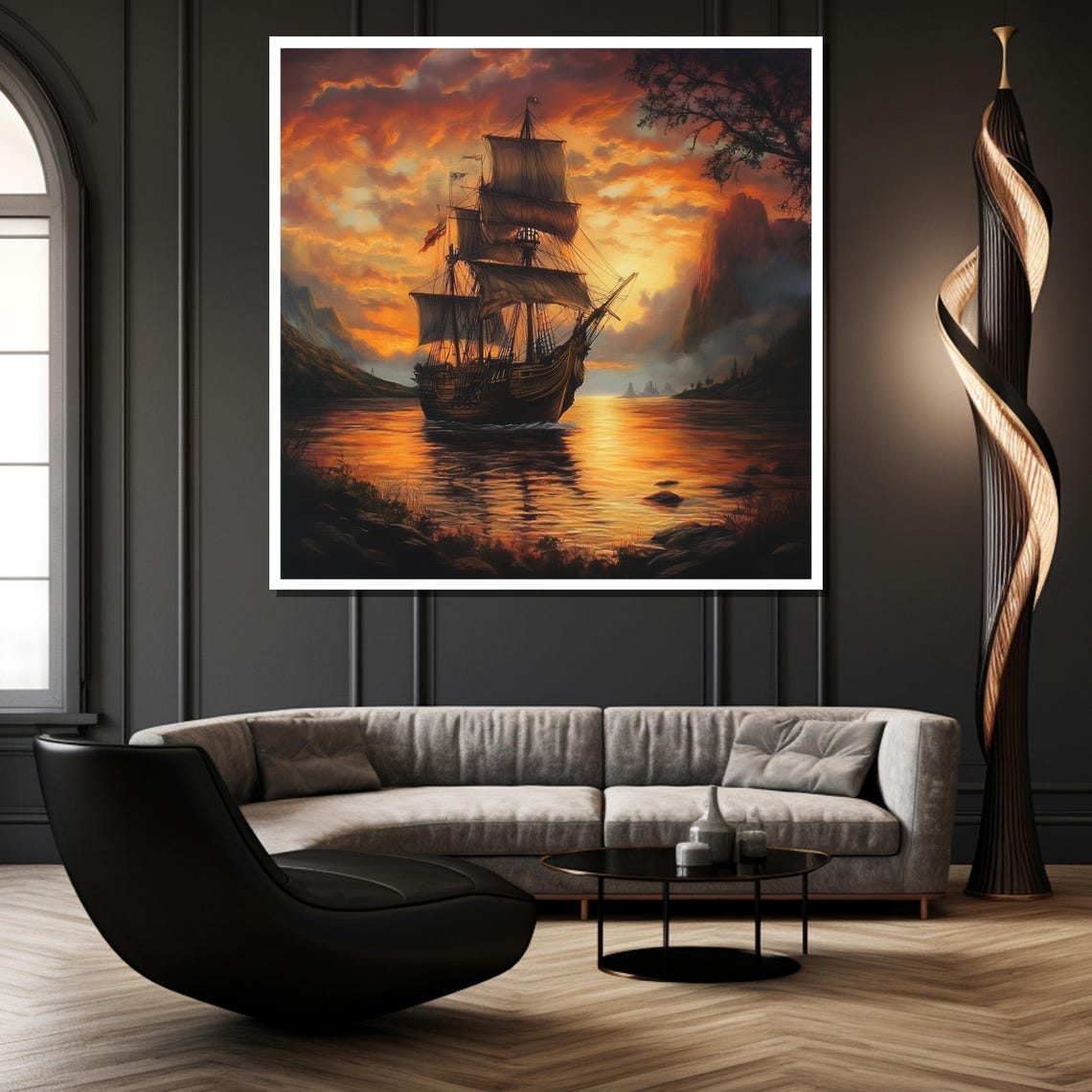 Tall Sailing Ship At Fiery Sunset Rocky Cliffs Nautical Art Poster - Image 2