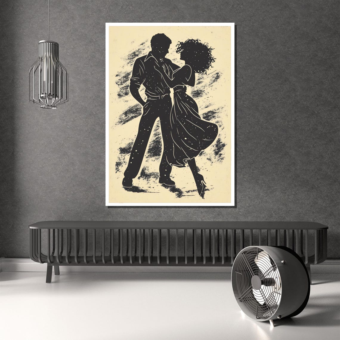 Dancing Couple Black Silhouette on Cream Grunge Texture Art Poster - Image 2