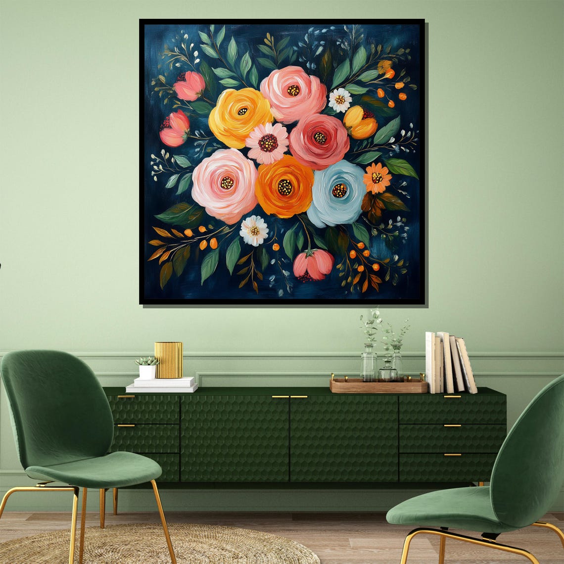 Vibrant Ranunculus Bouquet On Deep Navy Night Floral Art Poster - Image 4