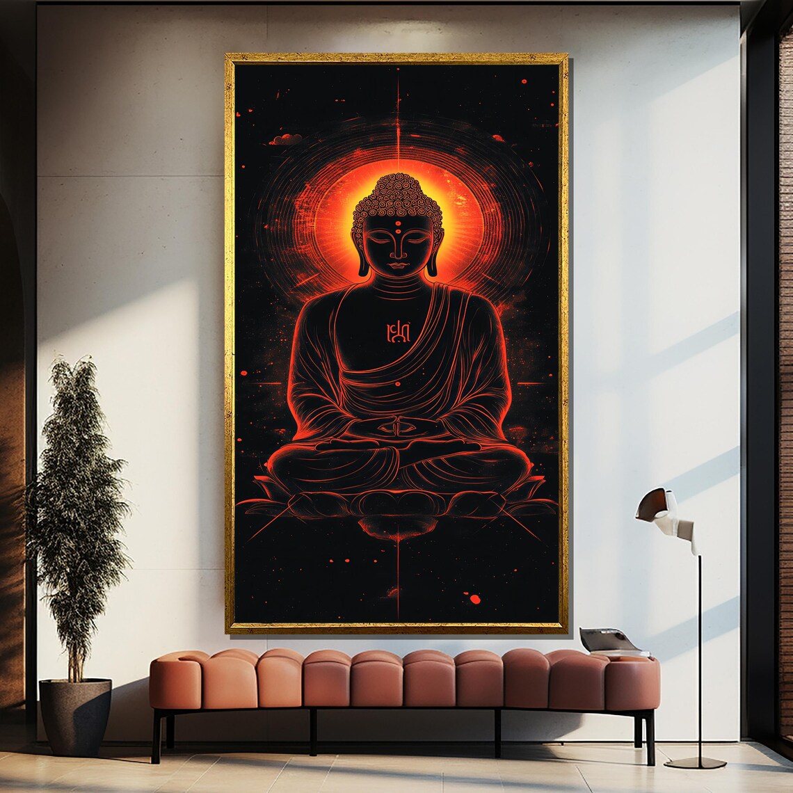 Red Neon Buddha Outline With Fiery Halo Dark Spiritual Poster