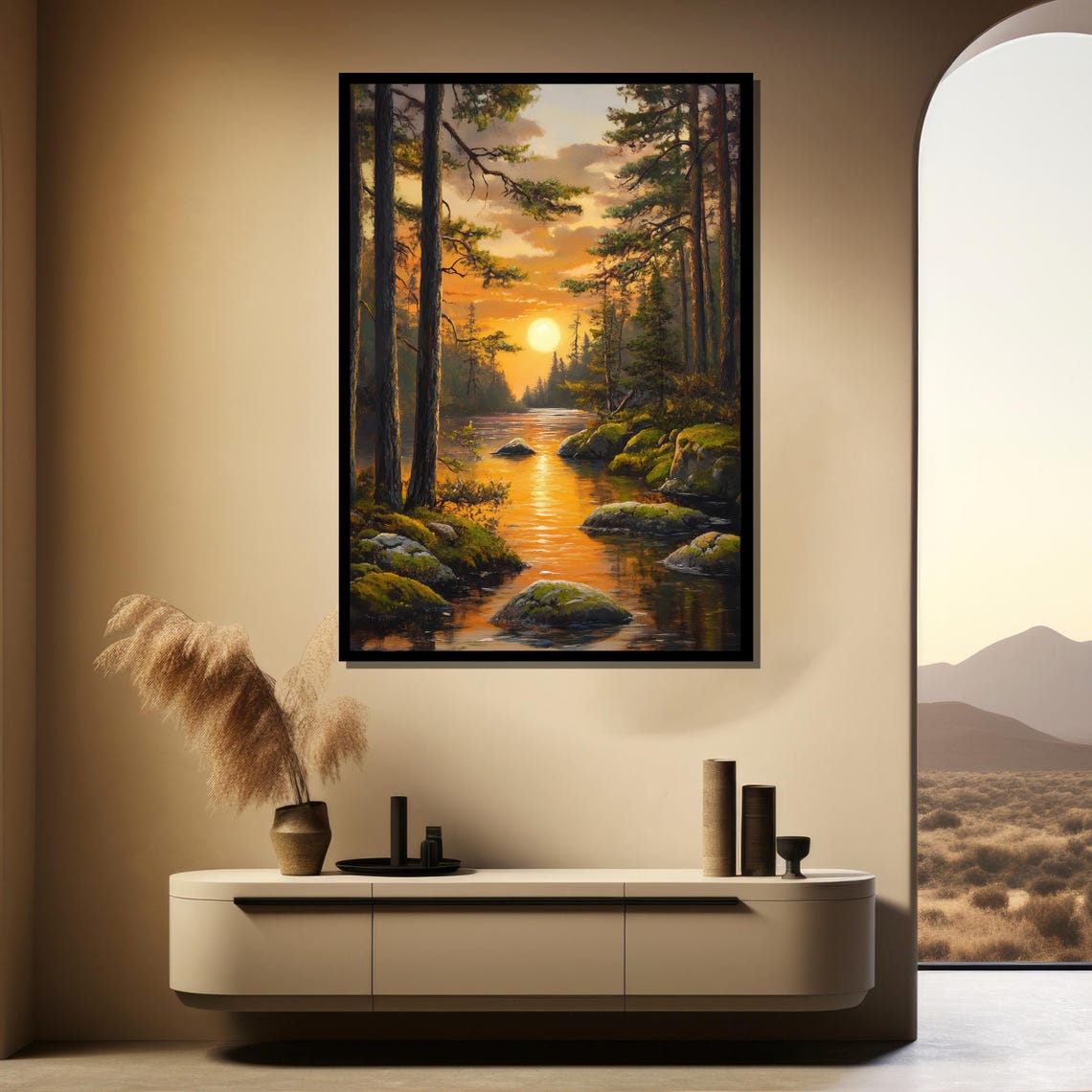 Stunning Golden Sunset Forest River Mossy Rocks Scene Poster - Image 4
