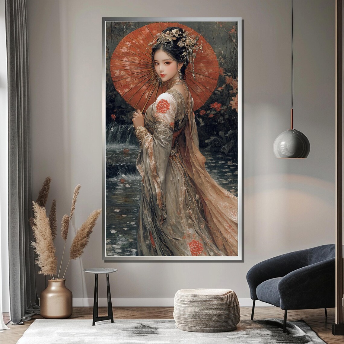Elegant Asian Beauty With Red Parasol In Moonlit Garden Art Poster - Image 3
