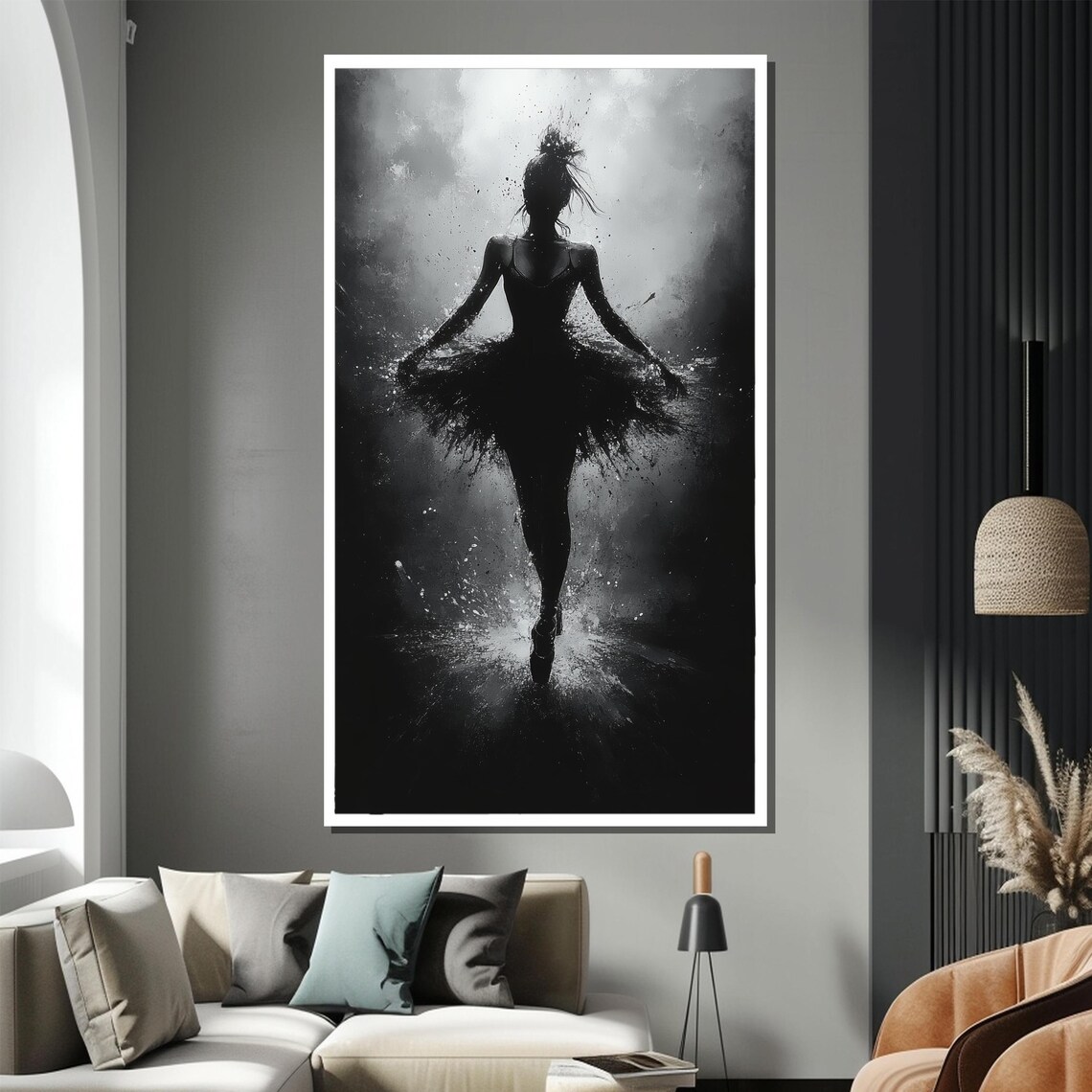 Black and White Ballerina Silhouette in Dramatic Splash Paint Art Poster - Image 2