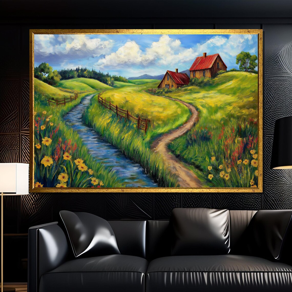 Red Roof Barns On Rolling Green Hills Stream Country Art Poster