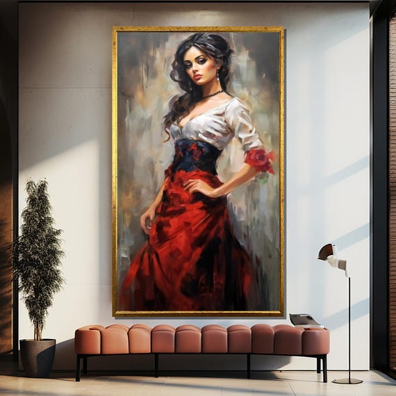 Flamenco Woman Painting Elegant Wall Art Gift With Red Dress Design Modern Artwork For Living Room Decor
