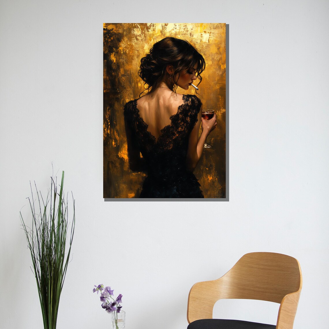 Elegant Woman In Black Lace Dress Holding Wine Golden Night Poster - Image 2