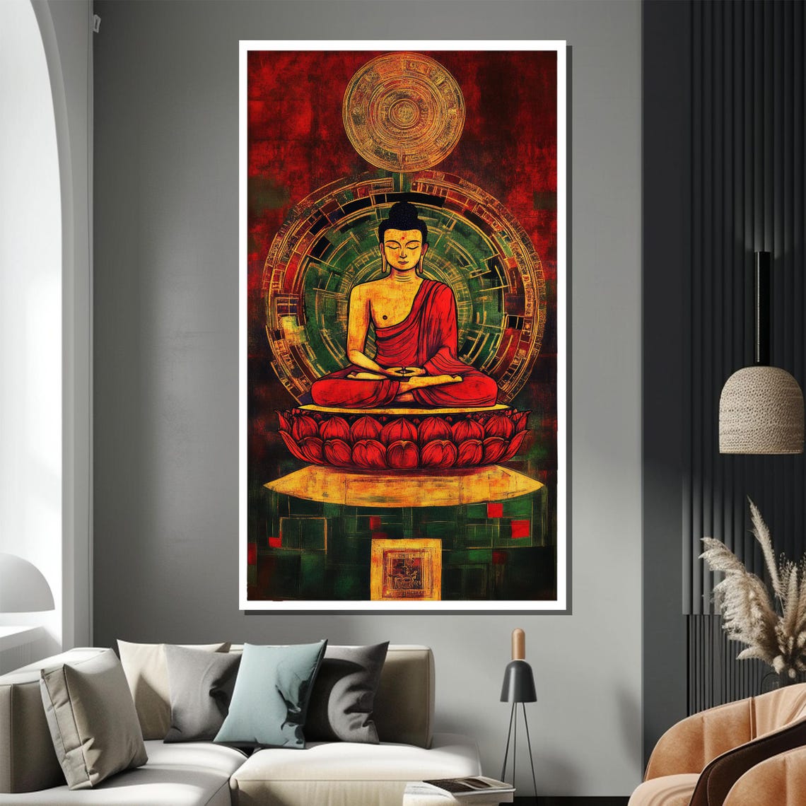 Red Robed Buddha on Lotus With Gold Mandala Spiritual Poster - Image 2
