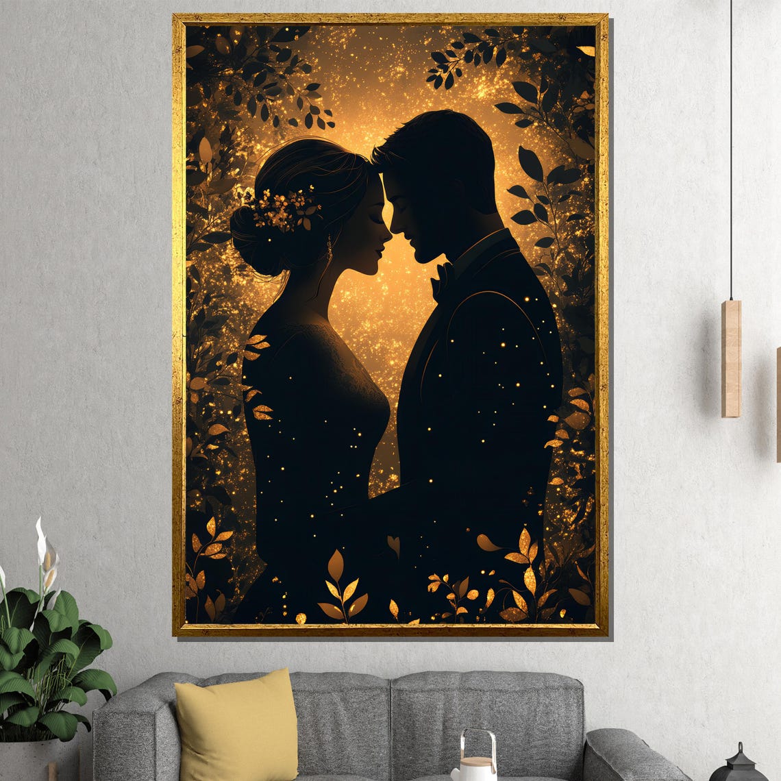 Golden Glow Romantic Couple Silhouette Elegant Evening Art Poster