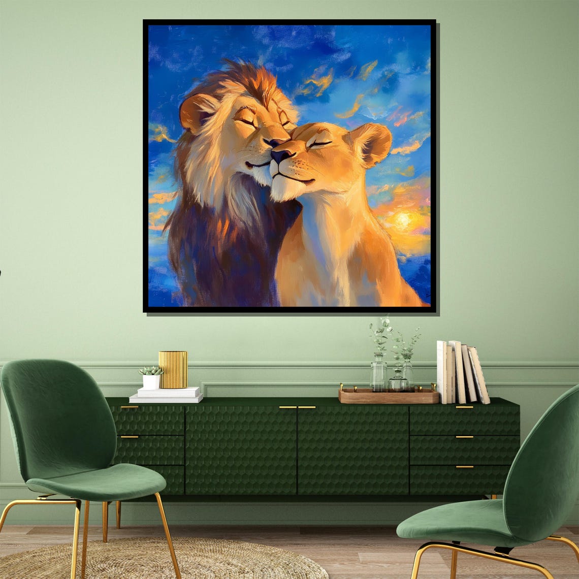 Romantic Lion Couple Nuzzling Beneath Sunset Wildlife Love Poster - Image 4