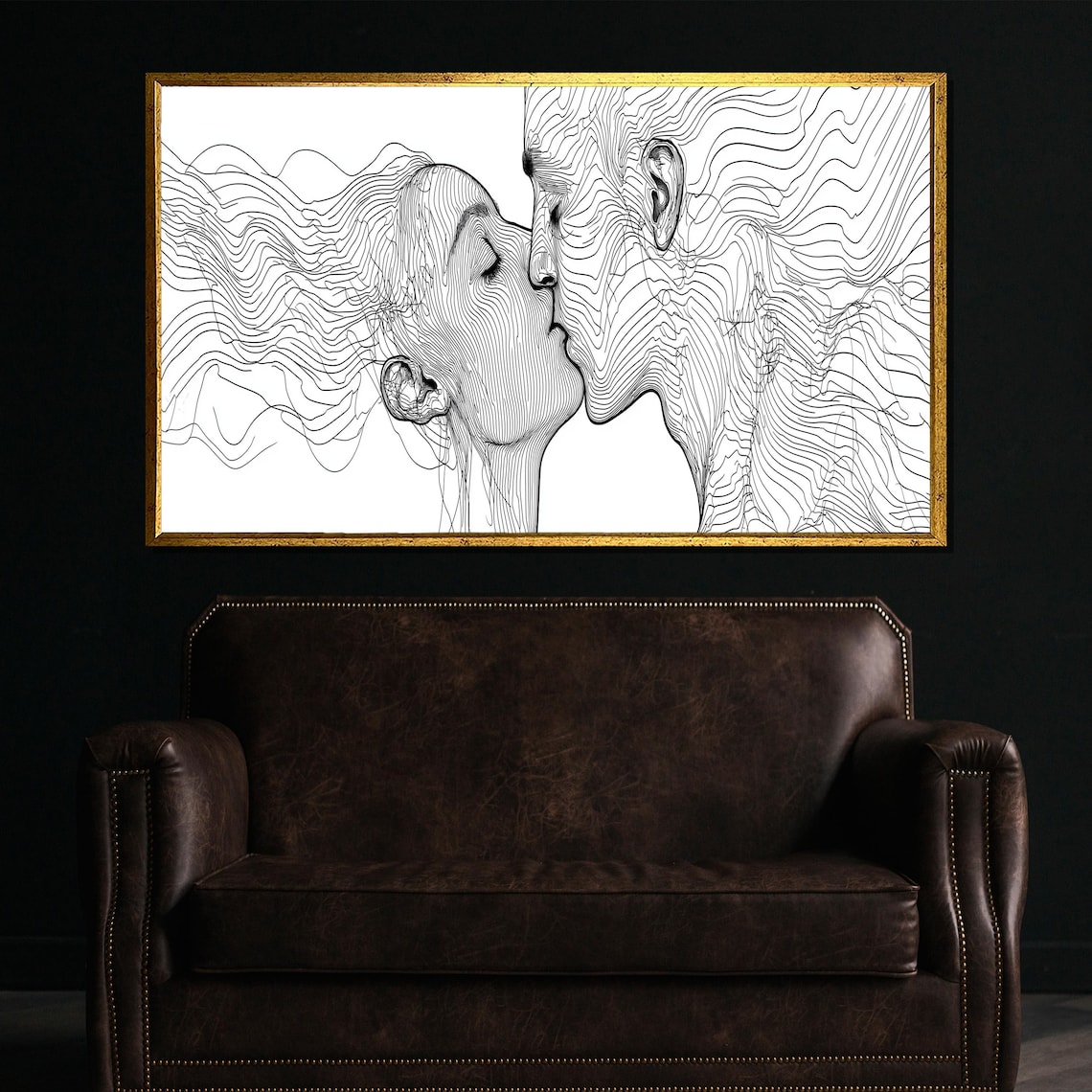 Abstract Kissing Couple Line Art Minimalist Black White Poster