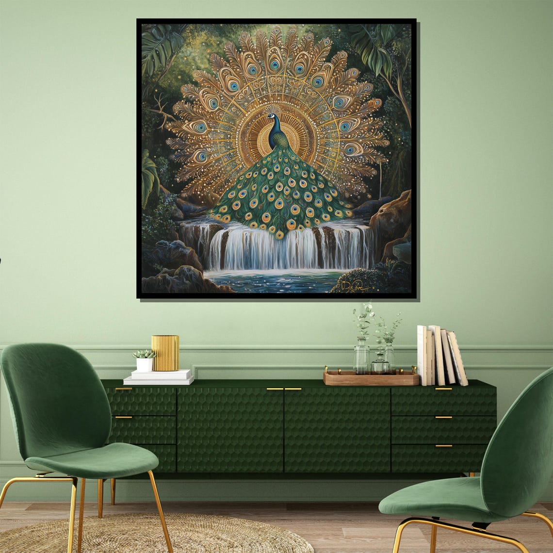 Golden Peacock Fanning Its Tail Over a Waterfall Jungle Poster - Image 4