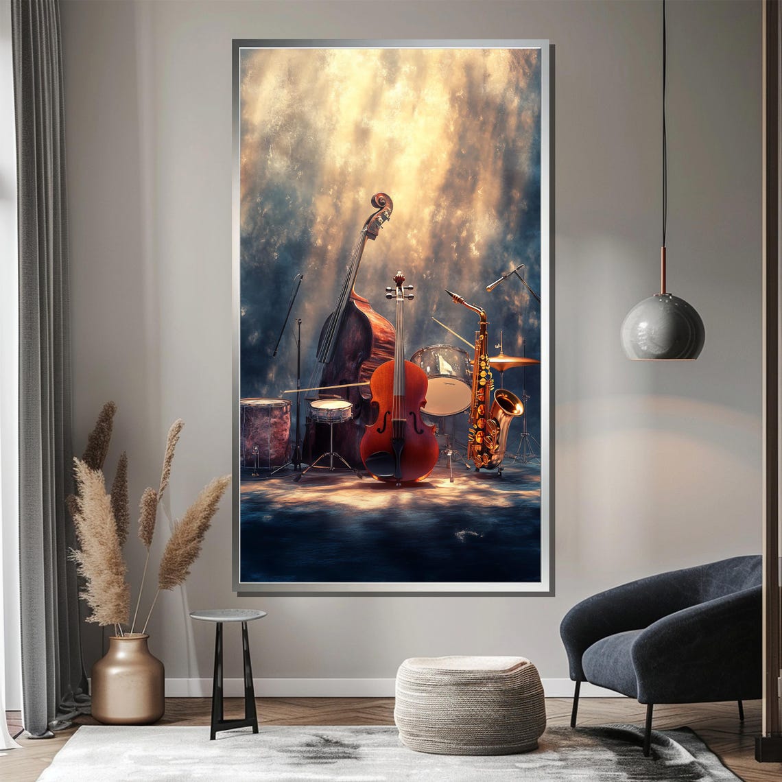 Classic Jazz Instruments Arranged on a Smoky Stage Spotlight Poster - Image 3