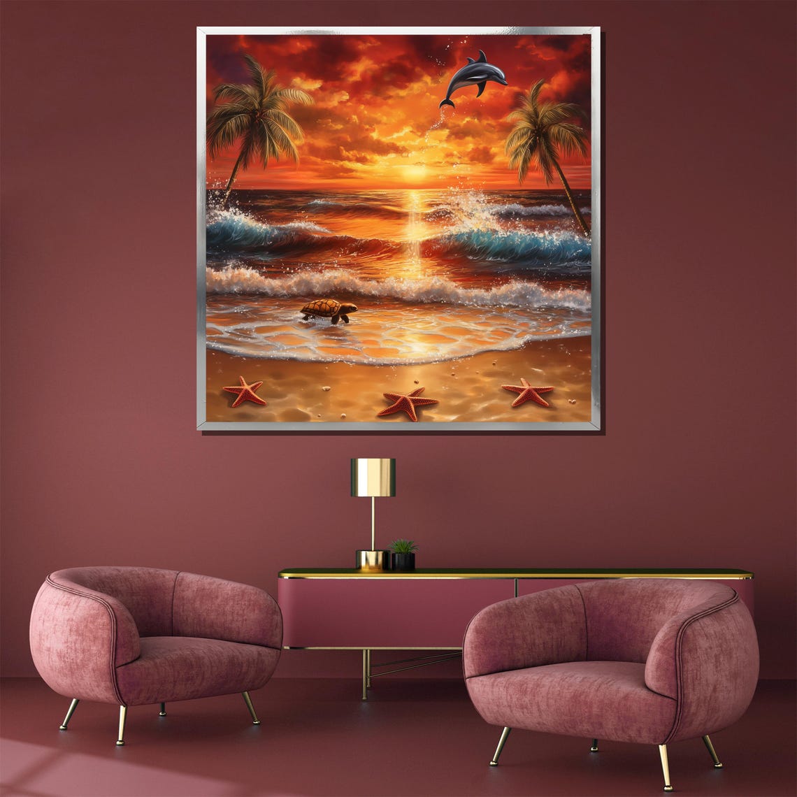 Sunset Beach Dolphin Turtle and Starfish Tropical Scene Poster - Image 4
