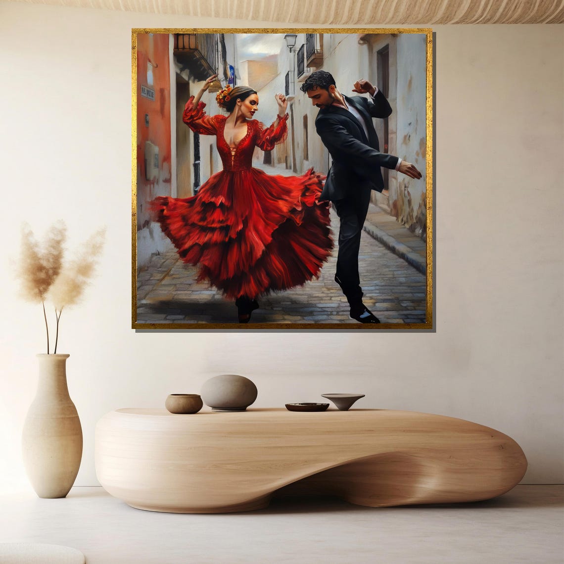 Passionate Flamenco Couple Dancing in a Cobblestone Alley Poster