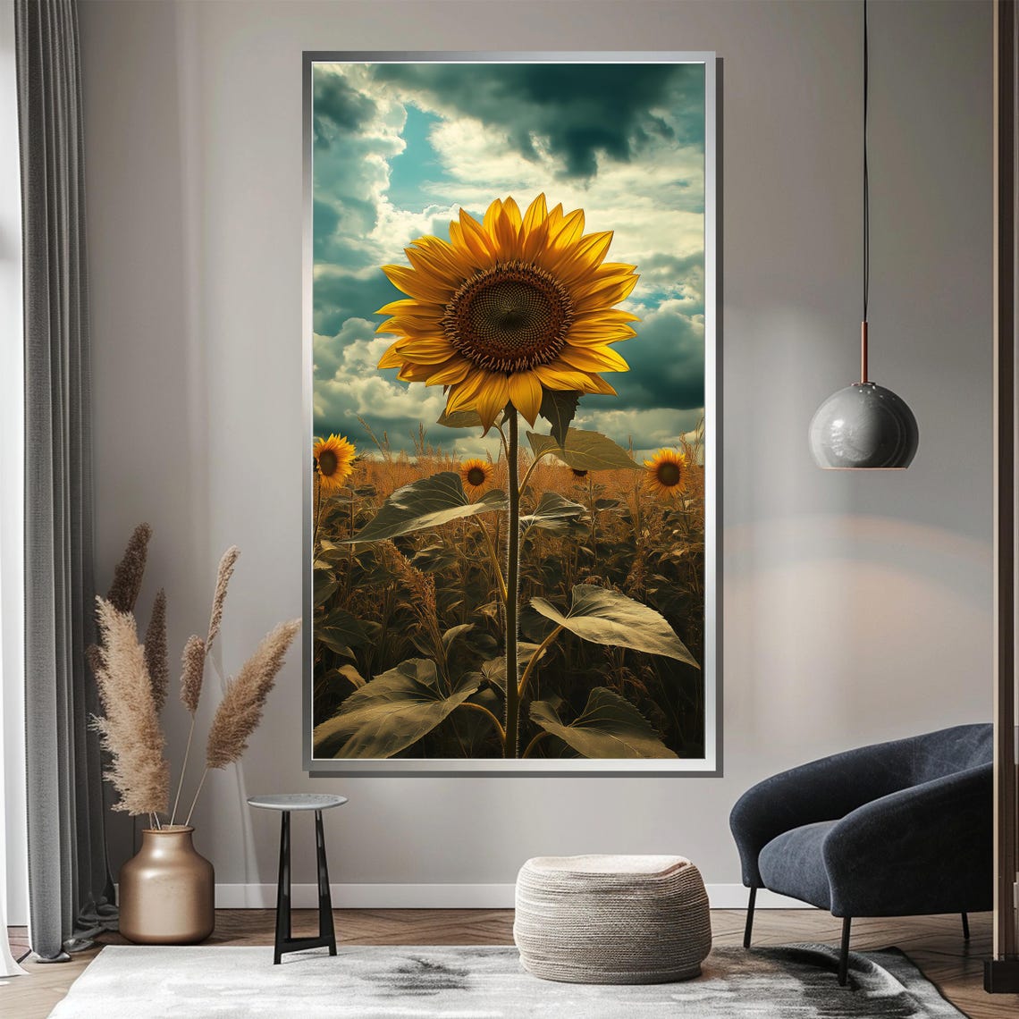 Tall Sunflower In Golden Field Under Dramatic Cloudy Sky Poster - Image 3