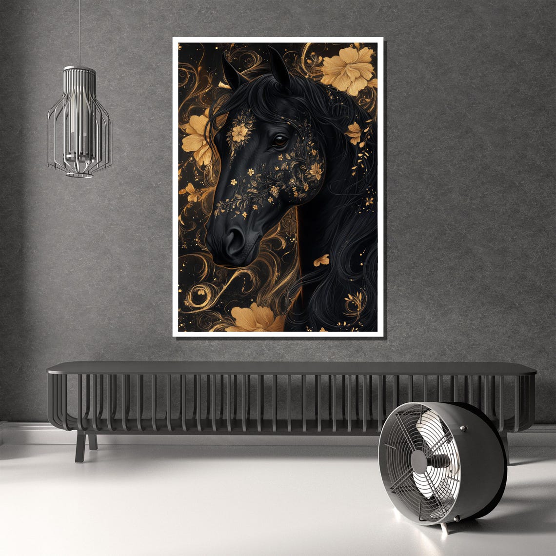 Black Horse Head Adorned With Gold Floral Ornaments Dark Poster - Image 2