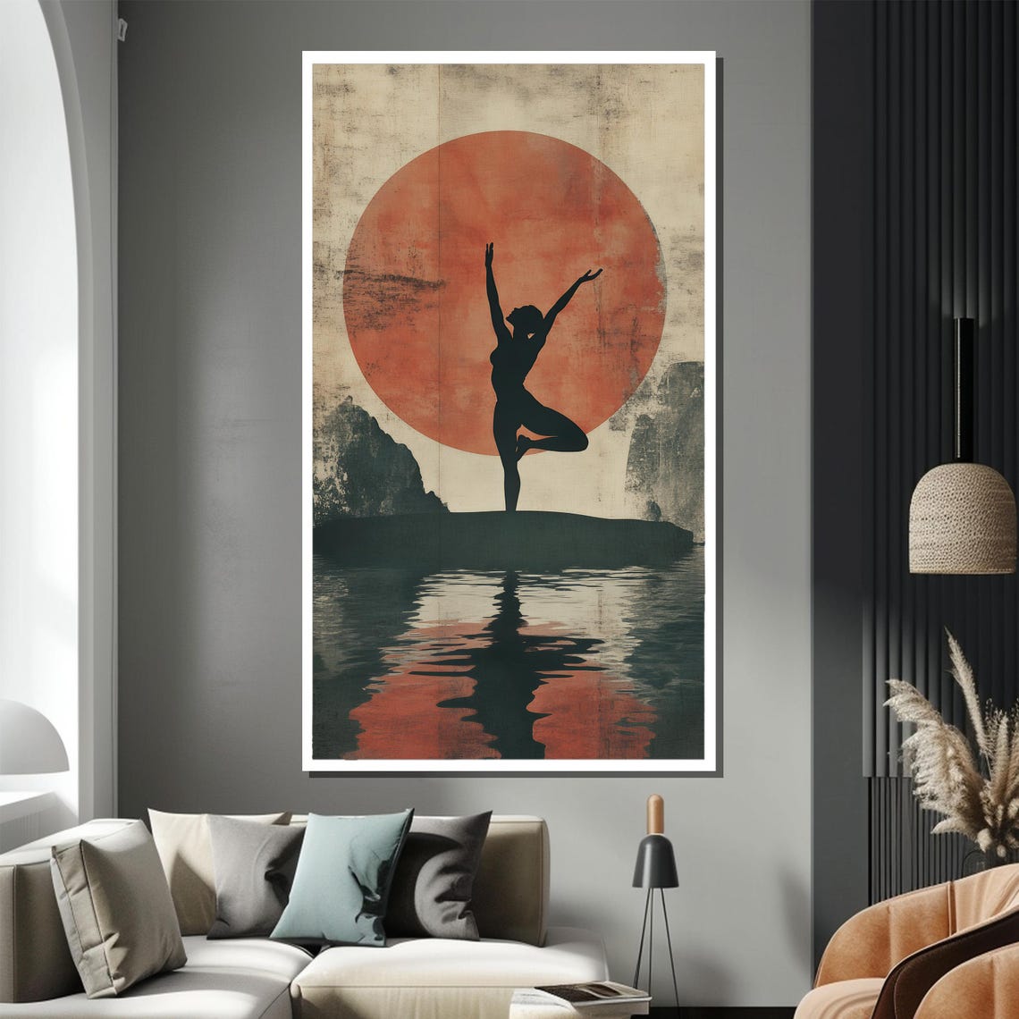 Yoga Tree Pose Silhouette Before a Giant Red Sun Over Water Poster - Image 2