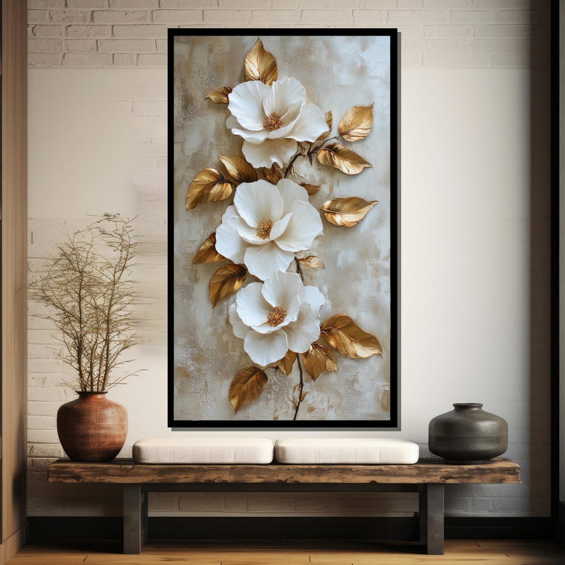 White Blossoms With Metallic Gold Leaves Embossed Floral Art Poster - Image 4