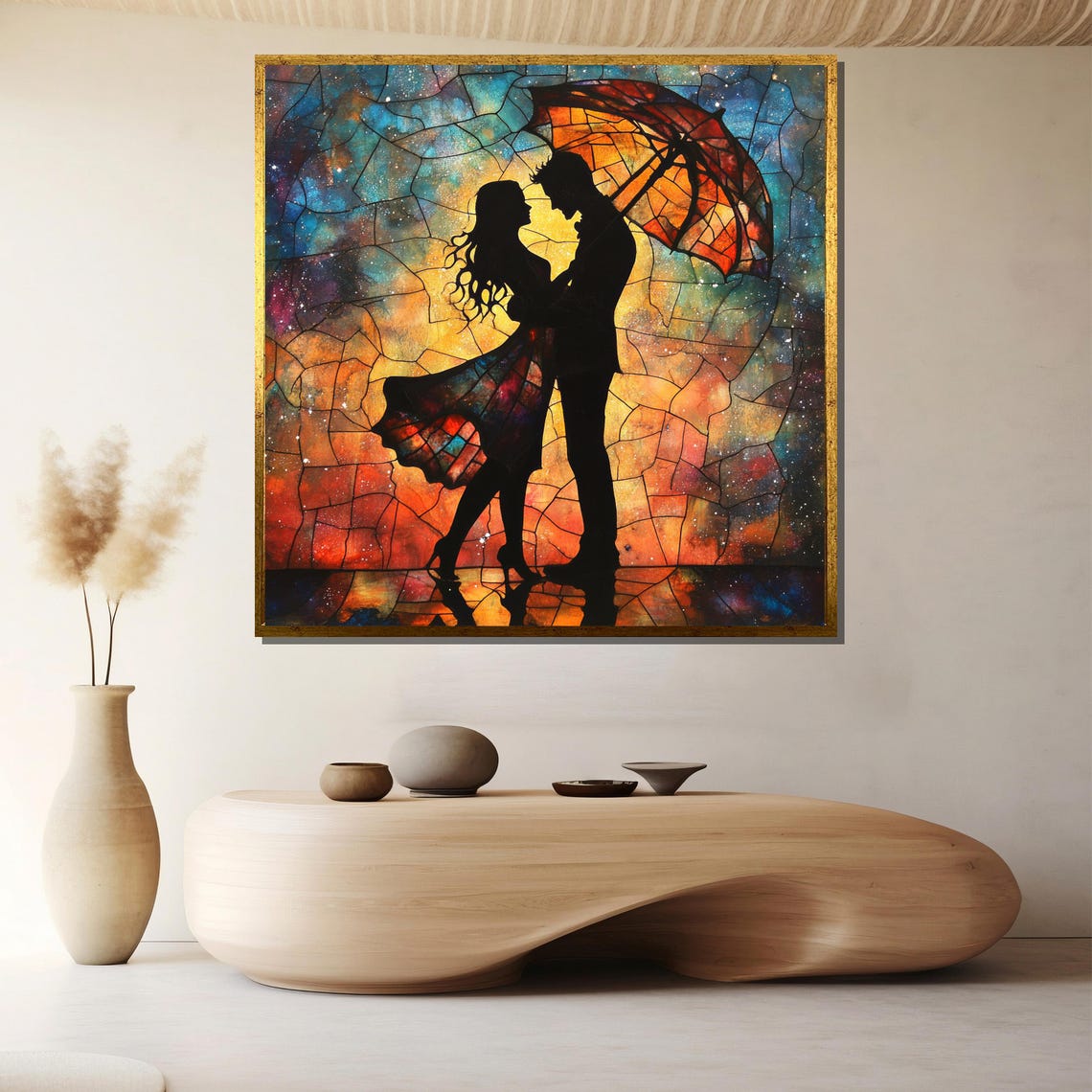 Romantic Lovers Under an Umbrella in Stained Glass Colors Poster