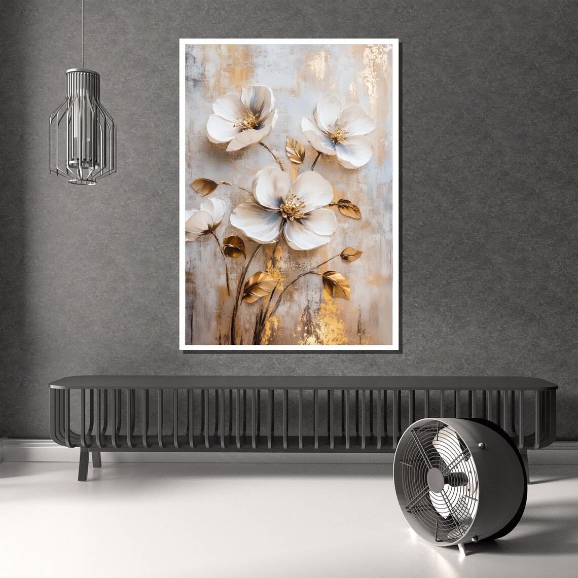 White Flowers Gold Leaf Floral Painting Luxurious Bedroom Wall Poster - Image 3